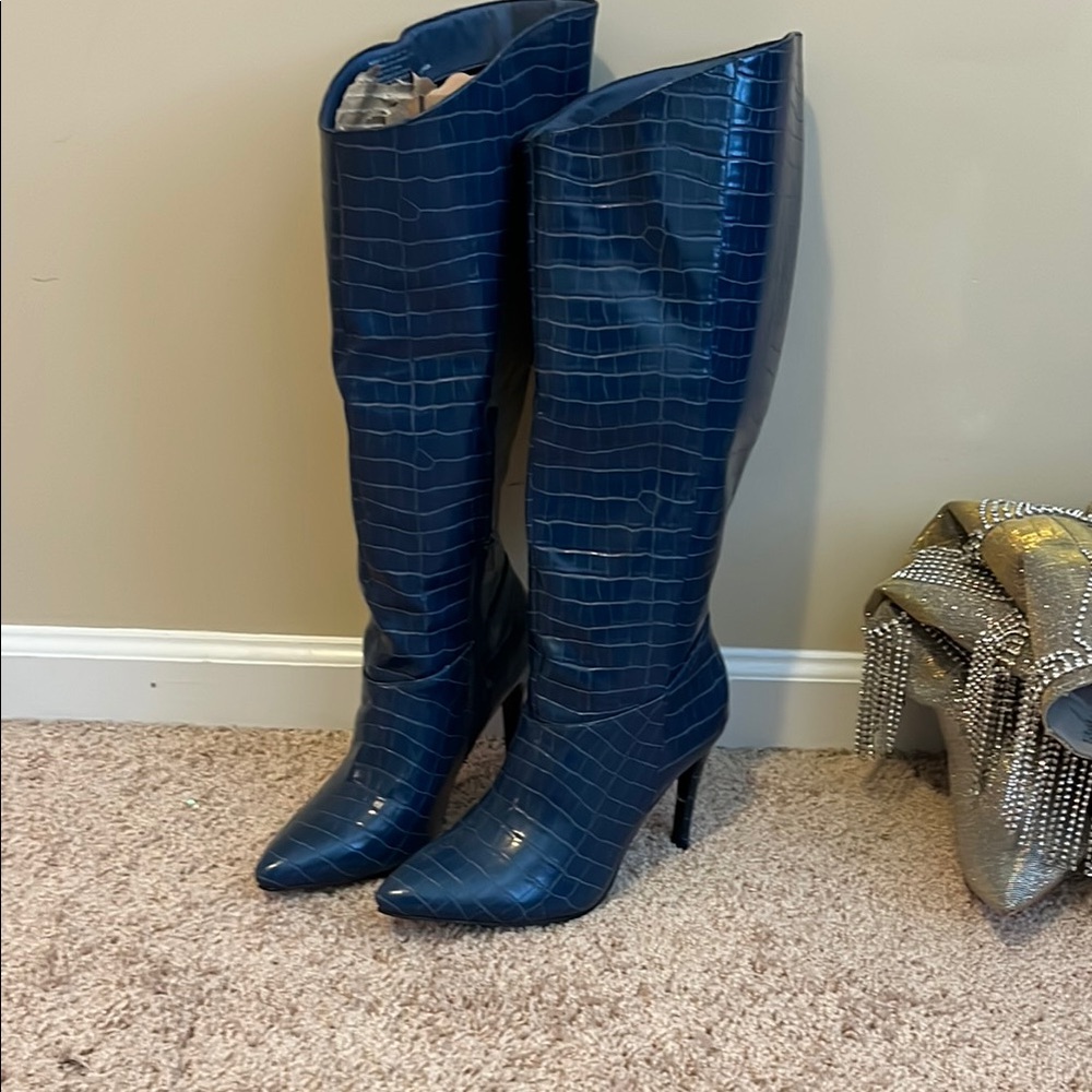 Blue Croc-Embossed Knee-High Boots